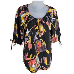 Ann Taylor Loft Floral Top Small Abstract Brush Strokes Cottagecore Ties Keyhole